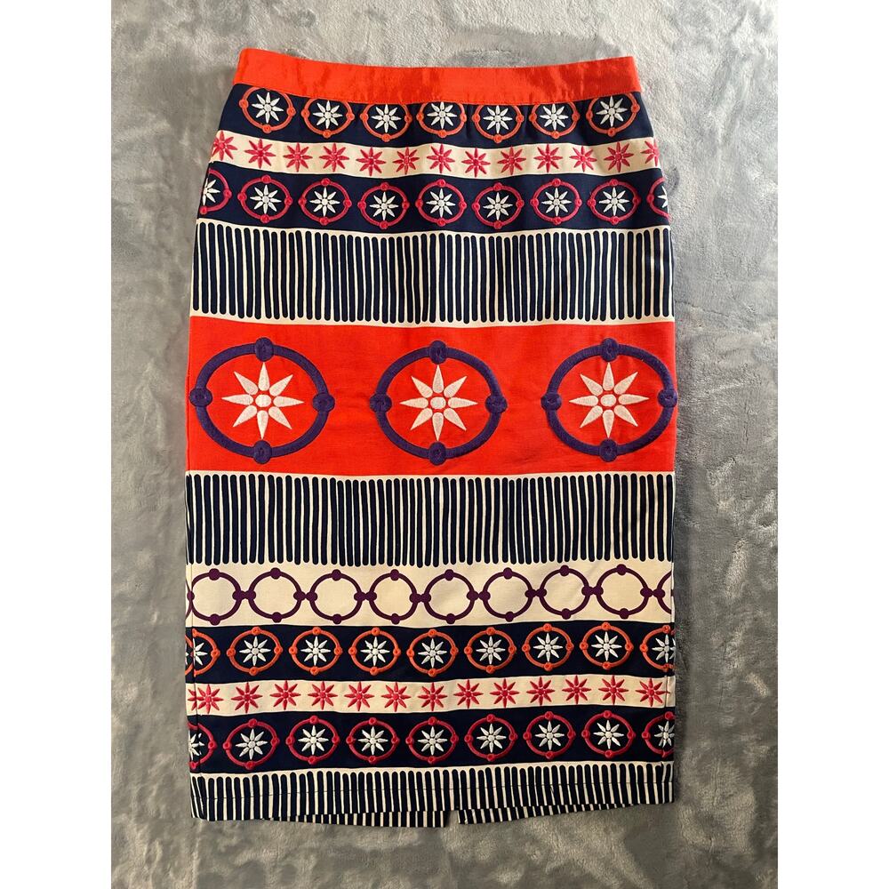 Boden colorful embroidered pencil skirt nautical geometric 4 Tall artsy preppy - Picture 2 of 8